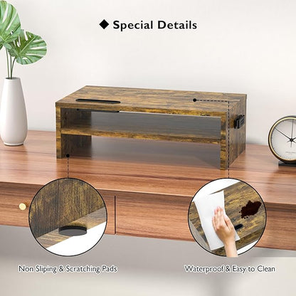 BONTEC Monitor Stand Riser, 2 Tiers Wood Monitor Riser Stand with Storage Organizer, Desktop Ergonomic Monitor Stand Riser with Cellphone Holder and Cable Management, 16.5 Inch Shelf, Vintage Brown
