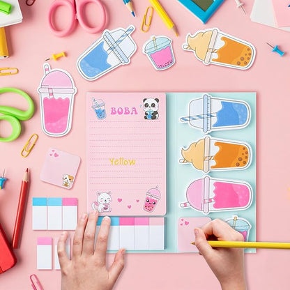 I Just Really Like Boba Sticky Notes Set, 550 Sheets, Cute Bubble Tea Self-Stick Notes Pads Milk Tea Theme Divider Tabs Bundle Writing Memo Pads Back to School Office Supplies Small Gift