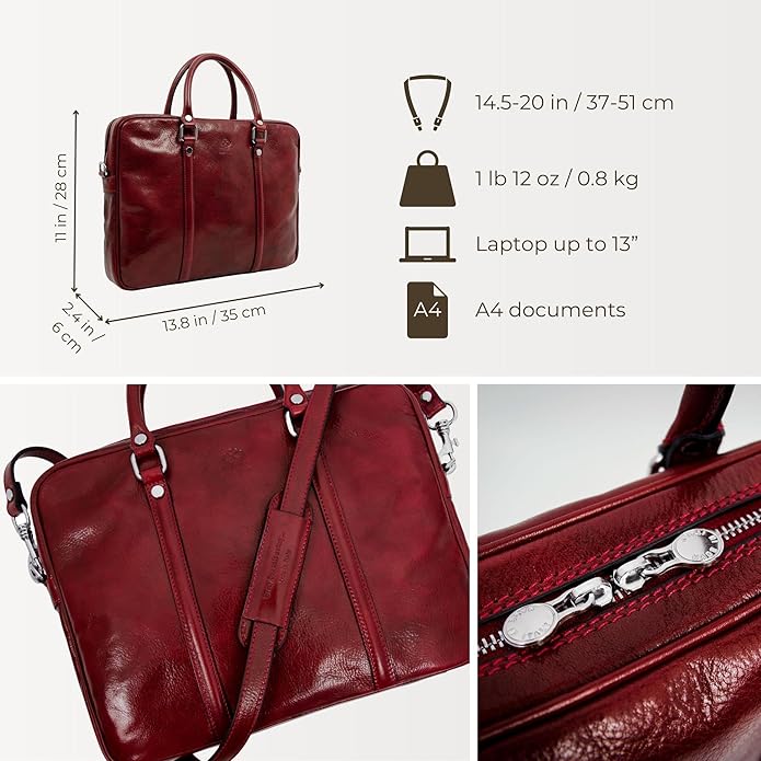 Time Resistance Leather Briefcase - Italian Full Grain Leather Bag - Genuine Leather Laptop Bag - Briefcase for Men and Women