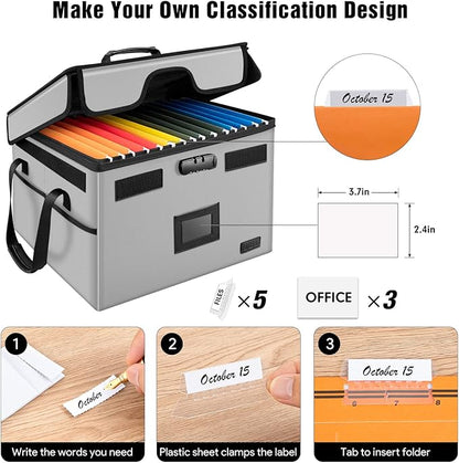 AMBOR File Box with Lock, Fireproof Document Box with 5 Tabs & Inserts, Collapsible File Organizer with Handle for Letter & Legal Size Folder/Certifications/Books Storage, Grey