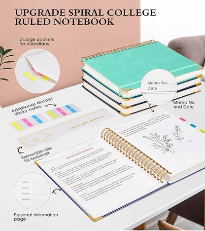 Spiral Notebook Journal 7.6” x 10”, 300 Pages Hardcover Leather Lined Journals for Women Men, B5 Large College Ruled Notebooks with 100 GSM Thick Paper, Spiral Journal for Writing Work School, Navy