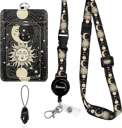 bolimoss Sun and Moon Badge Holder with Retractable Reel and Detachable Lanyard Strap Leather Name Card Protector Adjustable Key Lanyards for Women Nurse Teacher Student