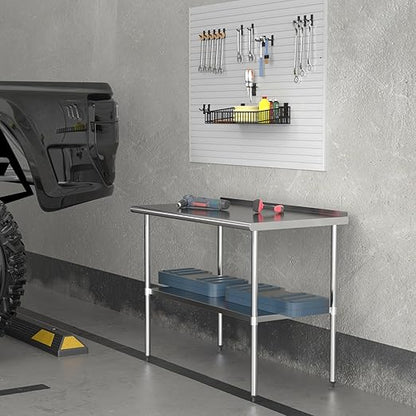 Stainless Steel Table 30 x 48 Inches Metal Prep Table with Backsplash & Adjustable Undershelf, Stainless Table for Commercial Kitchen, Outdoor, Restaurant, Hotel & Garage