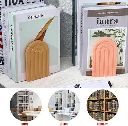 Harloon 4 Pieces Boho Arch Wood Bookends Rainbow Arch Back to School Gift Ideas Non Skid Bookend Decorative Wooden Book Stand Book Stoppers for Books Movies CDs(Cute Color)