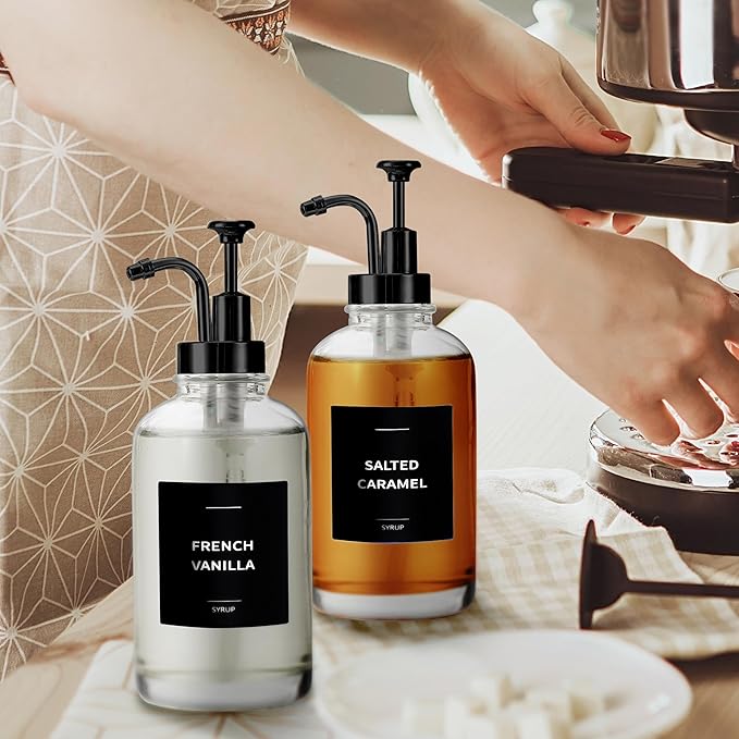 Coffee Syrup Labels for Bottles, Syrup Dispensers - 2.5" x 2.5" Waterproof & Durable PVC Stickers - Modern Coffee Bar Essentials for Home, Kitchen, Beverage Station - Minimalist Black, 22pcs