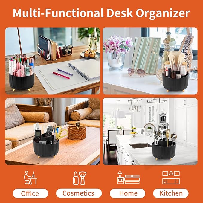 Desk Pen Holder, 5 Slot 360 Rotating Pen Organizer for Desk, Desktop Storage Stationery Supplies Organizer, Cute Pencil Cup Pot for Office, School, Home, Art Supply, Black