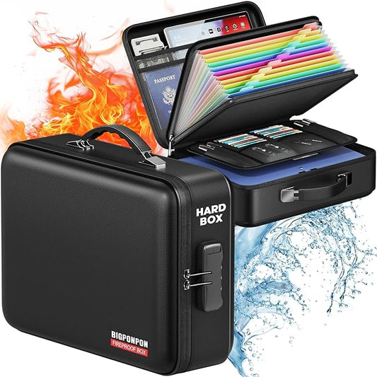 Fireproof Document Box with Water-Resistant Zipper, Hard Case Fireproof Box with Lock, Portable Hard-Shell Fire Safe Box, Large Capacity File Organizer for Important Documents, Laptop (Black, M)