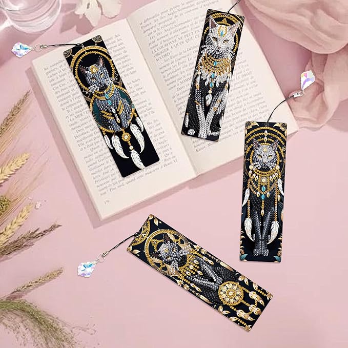 4-Piece Animal Diamond Painting Bookmarks Set for Adults – DIY 5D Rhinestone Art Bookmark Kits with Tassels, Beautiful Diamond Art Bookmarks for Crafts and Gifts, Dreamcatcher Cat