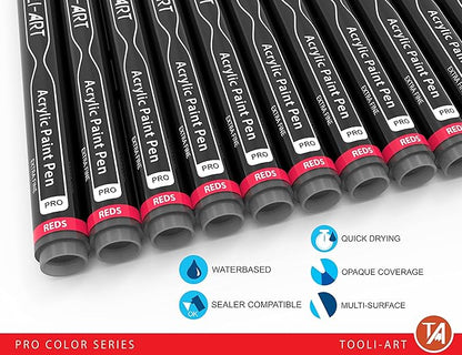 Acrylic Paint Pens 22 Red & Pink Tones Assorted Pro Color Series Markers Set 0.7mm Extra Fine Tip for Rock Painting, Glass, Mugs, Wood, Metal, Canvas, Projects, Non Toxic, Waterbased, Quick Drying