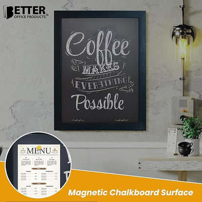 Magnetic Wall Chalkboard, Large Size 18" x 24", Rustic Wood Frame, Chalkboard Sign, Vertical or Horizontal Wall Mount, Includes Chalk and Eraser, by Better Office Products (Solid Black)
