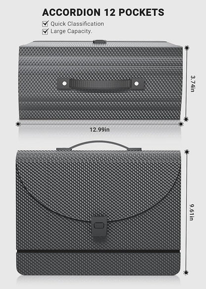 Accordion File Organizer/Expanding File Folder with Handle,13 Pockets Filing Box,Perfect for Desktop Standing/Portabe Document Paper Organizer,A4/Letter Size,Monthly/Blank Tabs,Black Diamond