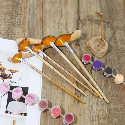 5 PCS Fan Brushes Paint Fan Brush for Painting Long Wood Handle Painting Brushes Paint with Nylon Hair Brushes Set Fan Brush for Acrylic Oil Watercolor Gouache Painting Kits