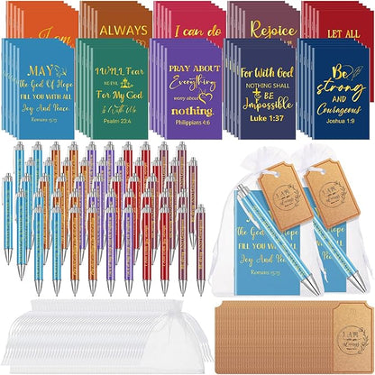 200 Pcs Bible Verse Sets Church Christian Gift Include 50 Scripture Notebooks 50 Bible Bamboo Pens 50 Thanks Tags 50 Organza Bags for Women Man Christian Party Gifts(Colorful,Novel)