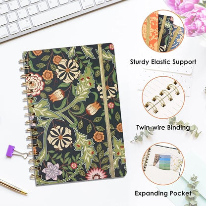 LABUK 3 Pack A5 William Morris Floral Notebooks for Women, 5.7" x 8.5" College Ruled Spiral Journals 160 Pages Hardcover with Back Pocket, Suitable for School, Office, Home and Beyond
