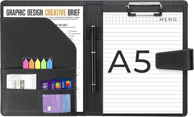 A5 Leather Portfolio Binder, Interview Legal Document Organizer with Magnetic Closure Cover with A5 Sized Papers,Sticky Tabs,Pen,Mini Document Organizer Folder for Men Women,Black