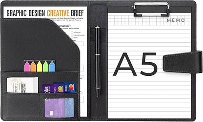 A5 Leather Portfolio Binder, Interview Legal Document Organizer with Magnetic Closure Cover with A5 Sized Papers,Sticky Tabs,Pen,Mini Document Organizer Folder for Men Women,Black