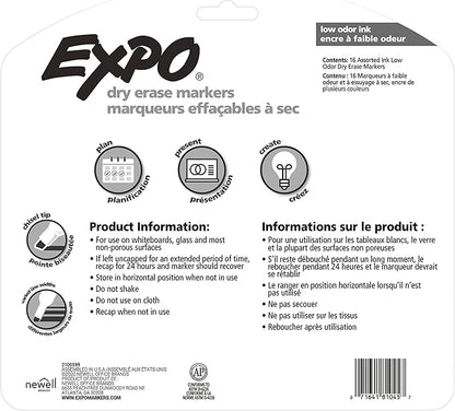 EXPO Low Odor Dry Erase Markers, Chisel Tip, Assorted Colors, 16 Count