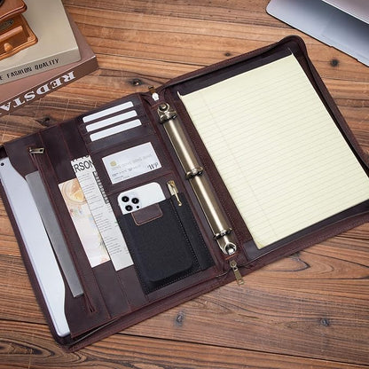 Genuine Leather Portfolio with 3 Ring Binder, Full Grain Leather Padfolio Zippered, A4 Notebook Holder Laptop Sleeve Professional Folder Organizer Gift for Men and Women, Dark Brown