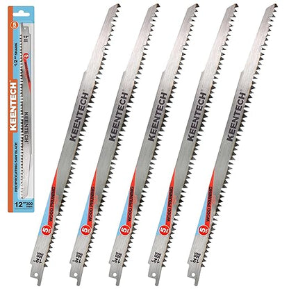 KEENTECH CR-V Sawzall Pruning Blades, 12 Inch 5TPI, with Fleam Ground Teeth for Tree Branch Root Wood, PVC Pipe Cutting, Reciprocating Saw Blade Fast Cutting for Professional, DIYer, Gardener, 5 Pack