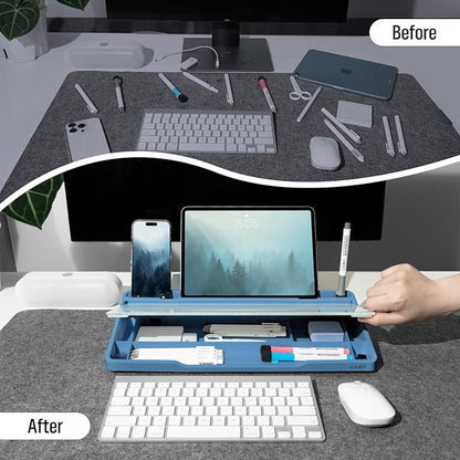 LOUKIN Glass Desktop Whiteboard, 15.3" x 5.6" Desktop Dry Erase Board with Dotted and Graduated Surface, Desktop Buddy, Great for Design and Drawing, 3 Markers and 1 Dry Erase Eraser Included (Blue)