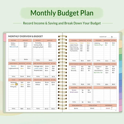 SUNEE Budget Planner - Monthly Budget Book with Expense Tracker Notebook, Undated 12 Month Bill Organizer & Finance Planner to Manage Your Money, A5(6.4" x 8.3") Account Book with Colorful Tab, Green
