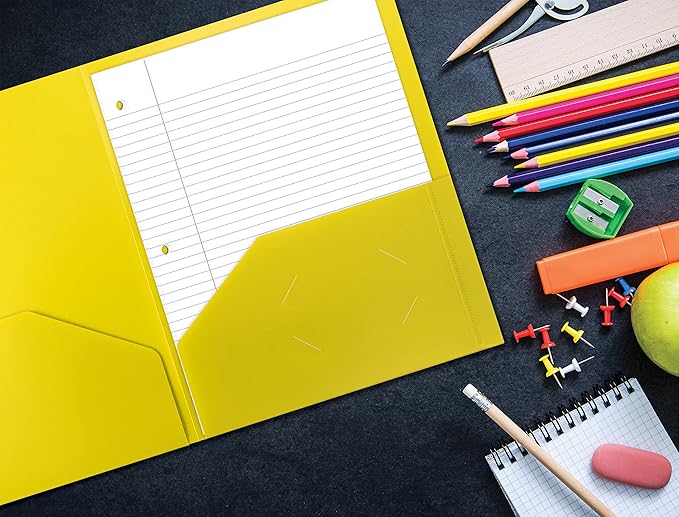 Better Office Products Heavyweight Plastic 2 Pocket Portfolio Folder, Letter Size Poly Folders 24 Pack (Yellow)