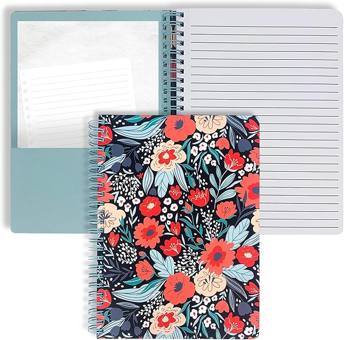 Steel Mill & Co Cute Red/Blue Mini Spiral Notebook, 8.25" x 6.25" Journal with Durable Hardcover and 160 Lined Pages, Folk Floral