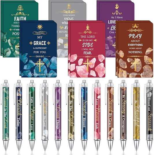 Colarr 24 Pcs Christian Bulk Gifts for Women Men Bible Verse Pens and Notebooks Religious Easter Gifts Scripture Ballpoint Pens Journals Sunday School Church Inspirational Study Supplies(Stone)