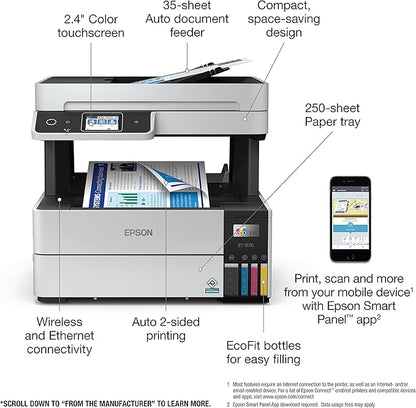 Epson EcoTank Pro ET-5170 Wireless Color All-in-One Supertank Printer with Scanner, Copier, Fax Plus Auto Document Feeder White Large