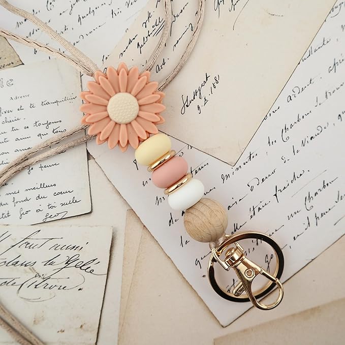 Flower Teacher Lanyards ID Badge and Key Chain, Cute Silicone Beads Lanyard for Women Nurse Work Student (Rose)