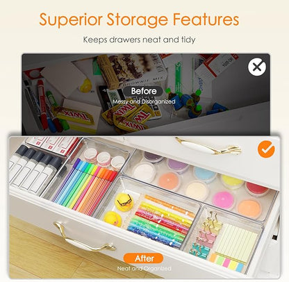 Criusia Drawer Organizer, 10 Pack Large Clear Plastic Kitchen Drawer Organizers Set, 3 Size Versatile Bathroom and Vanity Drawer Organizer Trays, Storage Bins for Makeup, Bedroom, Kitchen Utensils