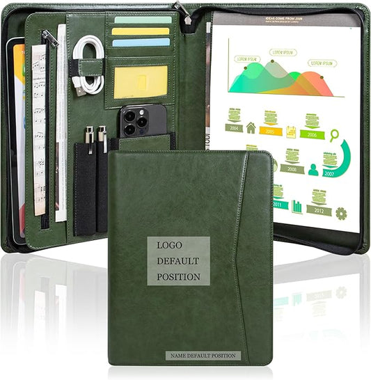 Personalized Leather Portfolio with Zipper, Professional Business Padfolio with A4/US Letter Writing Pad holder, Folio for Men and Women, Green