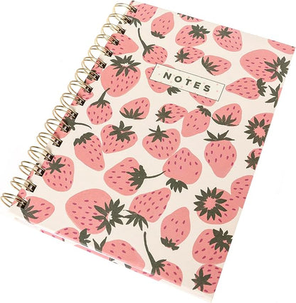 Graphique Hardbound Spiral Journal, 160 Ruled Pages Hard Cover Notebook, Diary, Lists, Record Month and Date, Premium Paper, Pink Strawberries, 6” x 8”