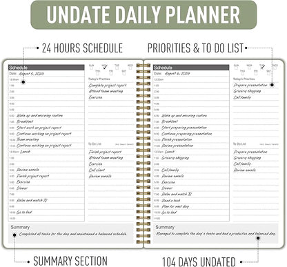 Daily Planner 24 Hourly Schedule from 12am - 12pm, Undated Hourly Planner with To-Do List, Priorites, 7" x 10", Organize Your Tasks and Appointments for Office, School, and Home - Green