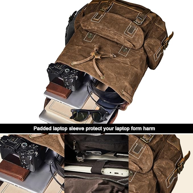 Backpack for Men Heavy Duty Waxed Canvas Vintage Women Trim Casual 15.6" laptop Travel Backpack-Brown