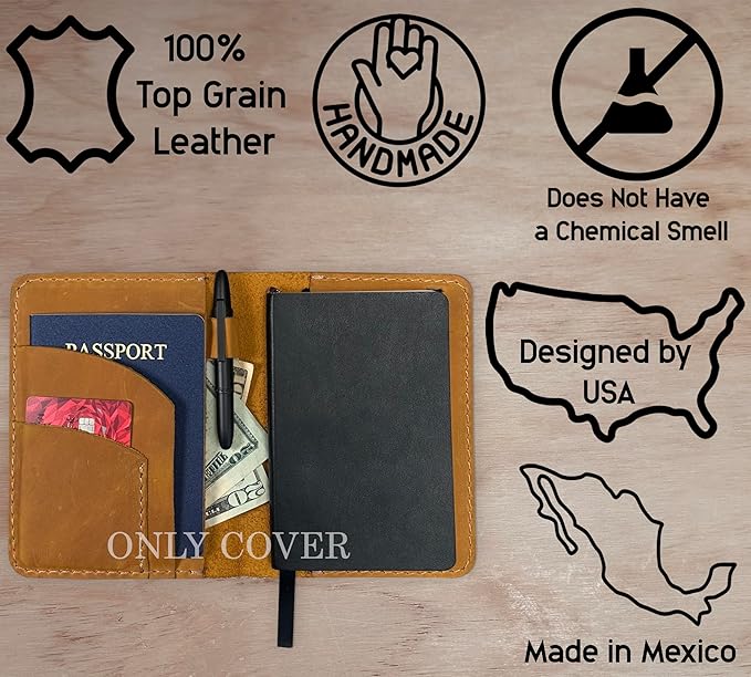 Leather Cover for Field Notes, Passport Cover, Leather Notebook Cover for 3.5" x 5.5" with Pen Holder, Only Cover (Honey)