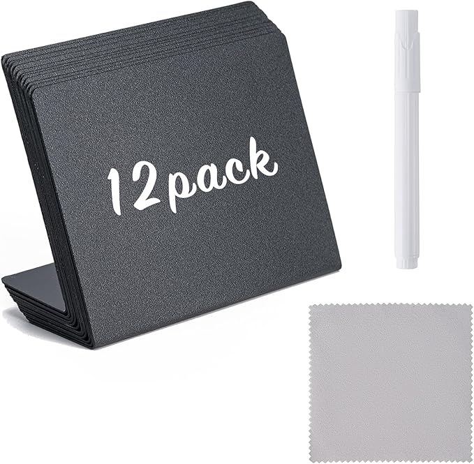 BOOMIBOO 12 Pack 4"x3"Mini Chalkboard Signs, Reusable and Reserved Table Signs, Easy to Write and Wipe Out, Food Labels for Parties - Buffets - Birthdays -Bakery-Table Numbers-Weddings