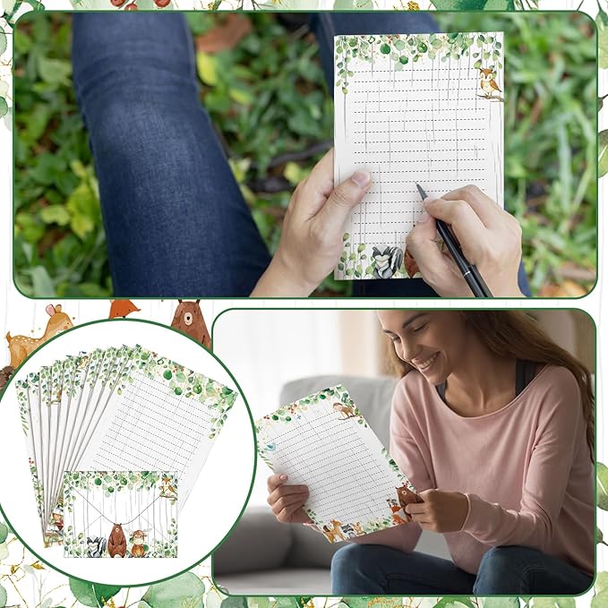 TaoBary 160 Packs Stationery Paper Set (50 Double Sided Stationery Writing Papers 50 Matching Envelopes) 60 Round Dot Sticker, 10 Design(Land Animal,5.5 x 8.25 Inch)