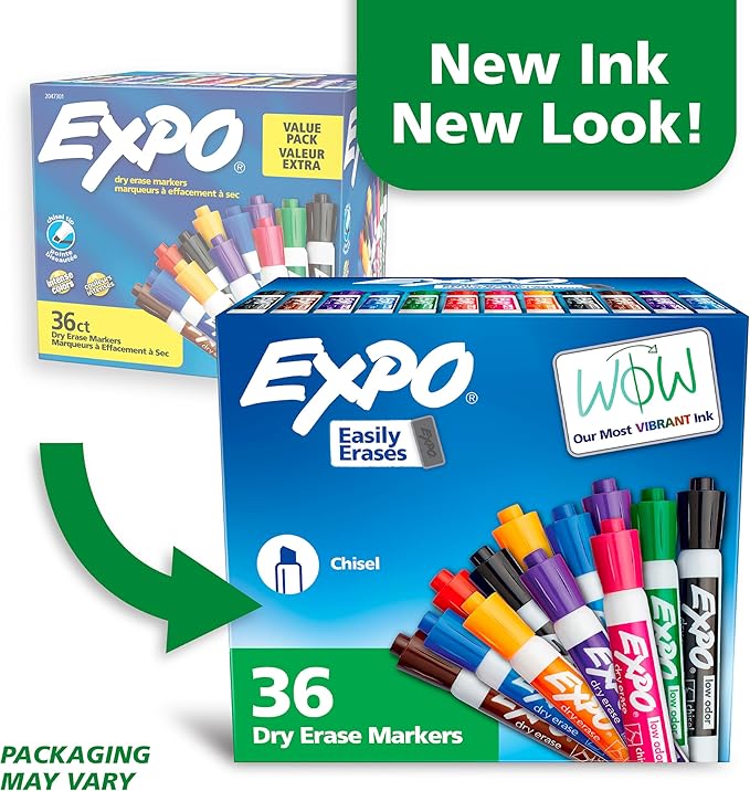 EXPO Dry Erase Markers, Low Odor Ink, Assorted Colors, Chisel Tip, 36 Count