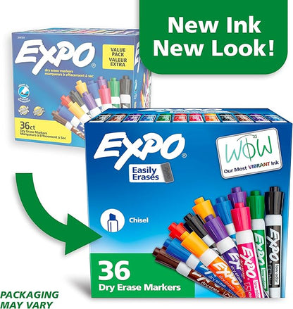 EXPO Dry Erase Markers, Low Odor Ink, Assorted Colors, Chisel Tip, 36 Count