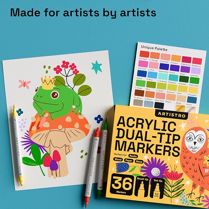 ARTISTRO 36 Acrylic Paint Markers for Fabric, Rocks, Paper, Wood, Canvas, Glass, DIY - Safe for Kids Dual Tip Acrylic Paint Pens (Dual Tip Dot + Brush, 36)