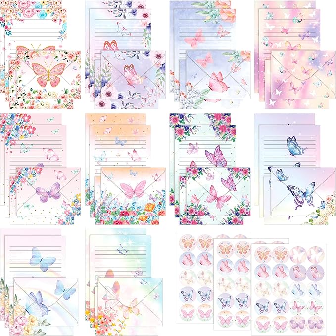 TaoBary 160 Packs Stationery Paper Set (50 Double Sided Stationery Writing Papers 50 Matching Envelopes) 60 Round Dot Sticker, 10 Design(Watercolor Butterfly,8.5 x 11 Inch)