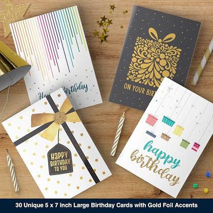 Dessie 30 Unique Happy Birthday Cards 5x7 - Gold Foil Birthday Cards Bulk With Message Inside. 32 White and Colored Envelopes, Perpetual Birthday Calendar and Gold Sealing Stickers Included In Box