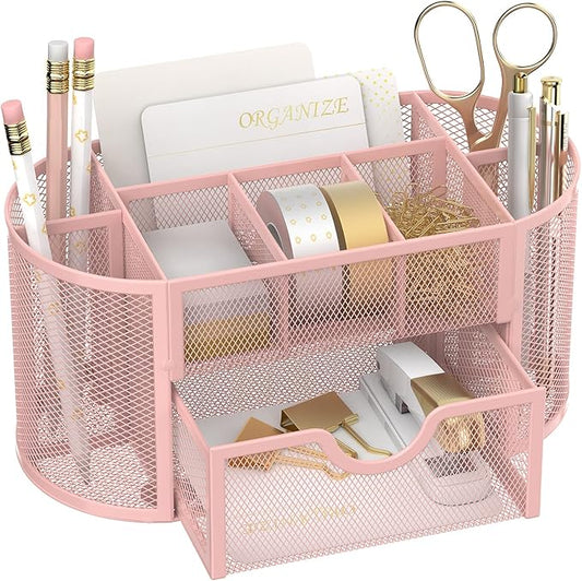 SUPEASY Mesh Desk Organizer, Desk Accessories & Workspace Organizers with Drawers, Pencil Holder for Desk with 9 Compartments for Office Suppliess, 8.6 x 4.3 x 4.1 Inch, Pink