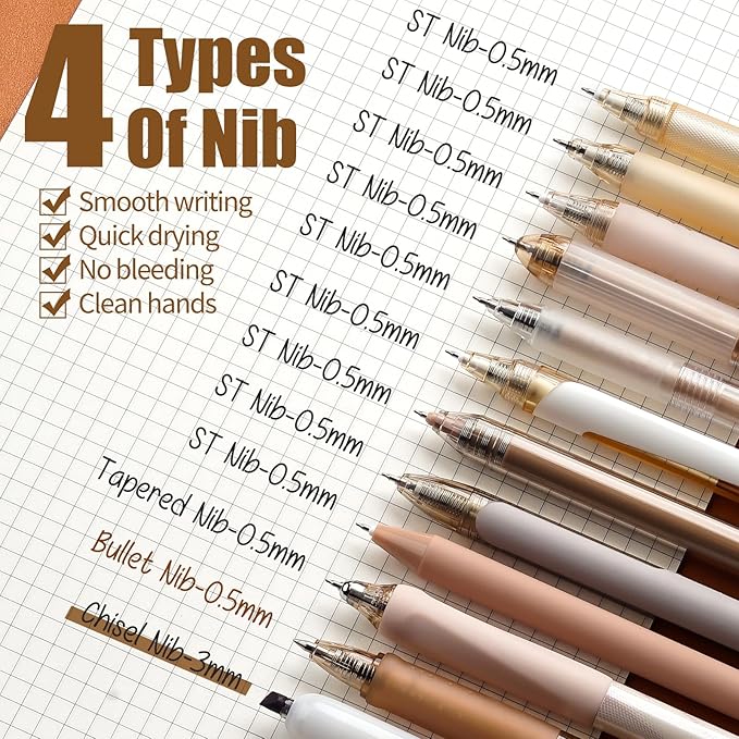 Four Candies 12Pack Pastel Gel Ink Pen Set, 11 Pack Black Ink Pens with 1Pack Highlighter for Writing, Retractable 0.5mm Fine Point Note Taking Pens for School Office (Brown)