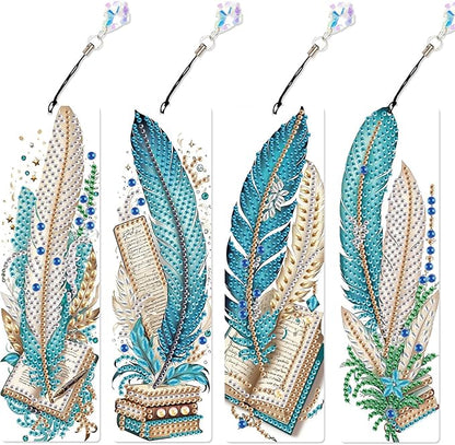 4-Piece 5D Diamond Painting Bookmarks Set, DIY Craft Kit with Rhinestones – Creative Artistic Peacock Feather Design, Diamond Art Craft Bookmarks with Tassels for Adults, Perfect for Gifts