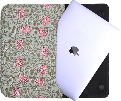 Cotton Hand Block Print Laptop Sleeve Case Bag Compatible with MacBook Air/Pro, 13-13.3 inch Water-Resistant Notebook, Travel Carrying Case Bag Protective Portable Computer Bag, Green 2