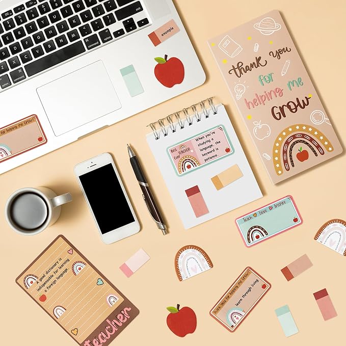 Boho Themed Teacher Sticky Notes Set, 550 Sheets, Thank You for Helping Me Grow Self-Stick Note Pads Teacher Appreciation Gift Writing Memo Pads Page Marker Back to School Supplies (Brown)