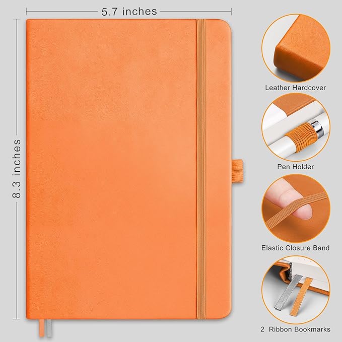 RETTACY Graph Paper Notebook, A5 Grid Notebook Journal with 192 Pages, 5.7'' × 8.3'', Medium Size, Leather Hardcover, 100 GSM Thick Paper, for Students, Homework, Math, Engineering (Orange)