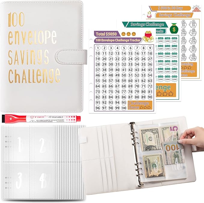100 Envelopes Challenge Binder Savings Challenges Book, A5 Money Saving Planner Cash Envelope Budget Binder with Erasable Pen, Easy and Fun Way to Save $5,050, 10,000 and $500 (White)